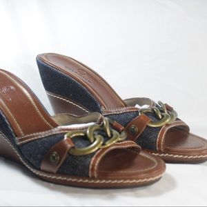 Blue denim and tan wedges